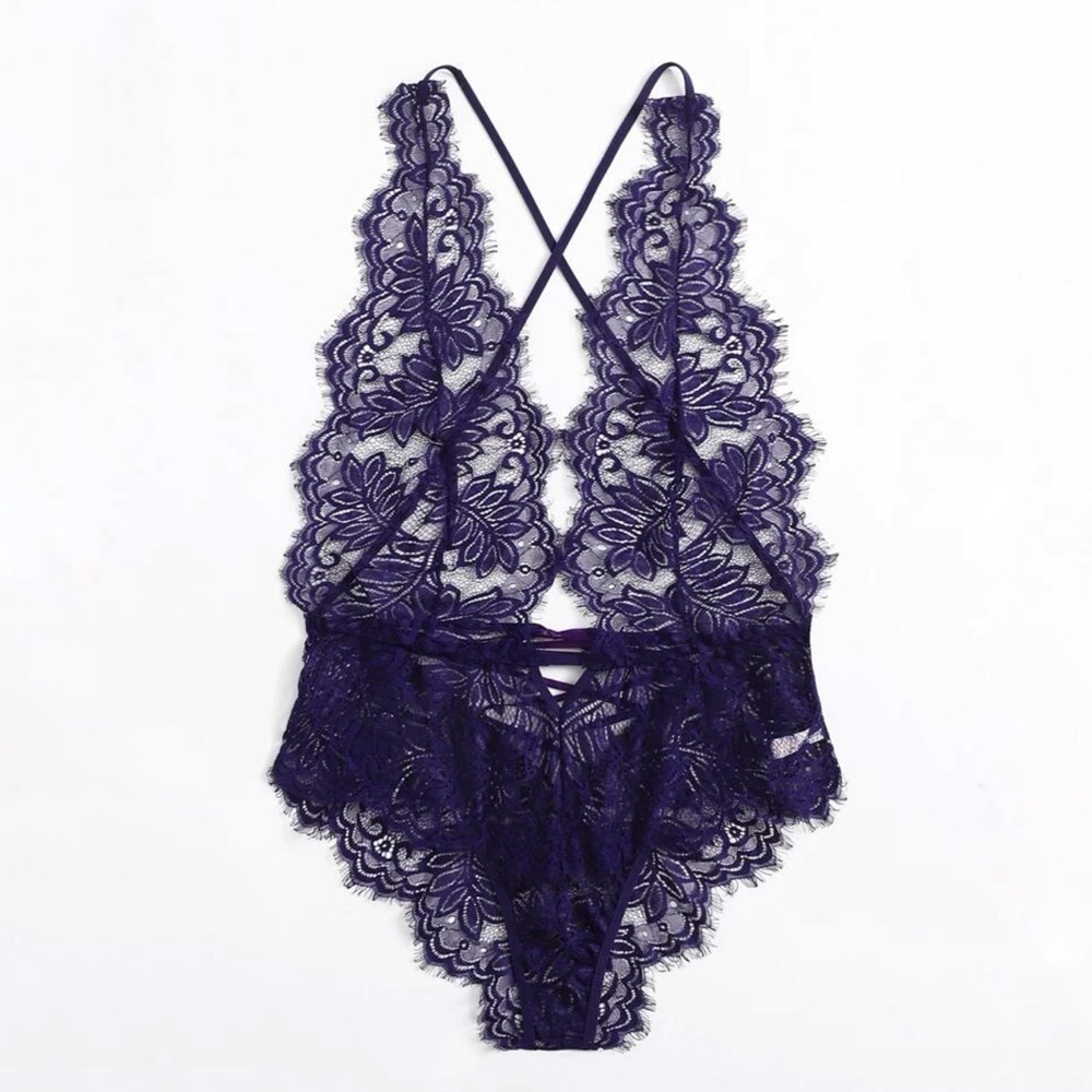 New medium Purple Lace Strappy Bodysuit Lingerie